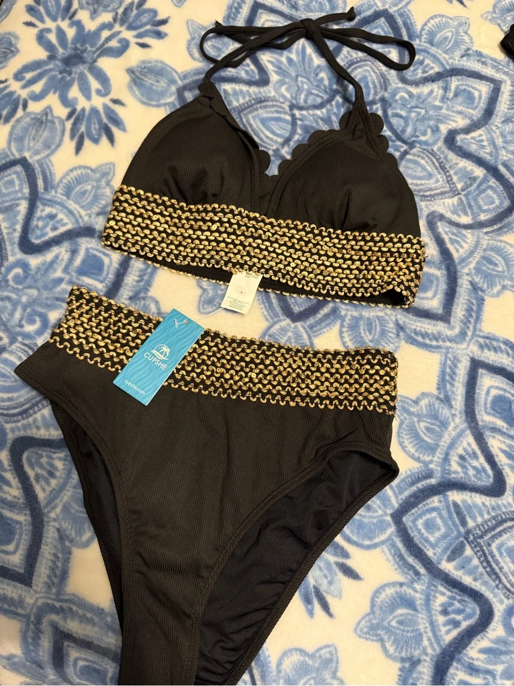 Cupshe Black Bikini Set with Gold Trim